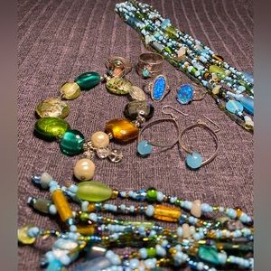 Seed bead, Murano glass, opal blue quartz and silver coordinated jewelry set
